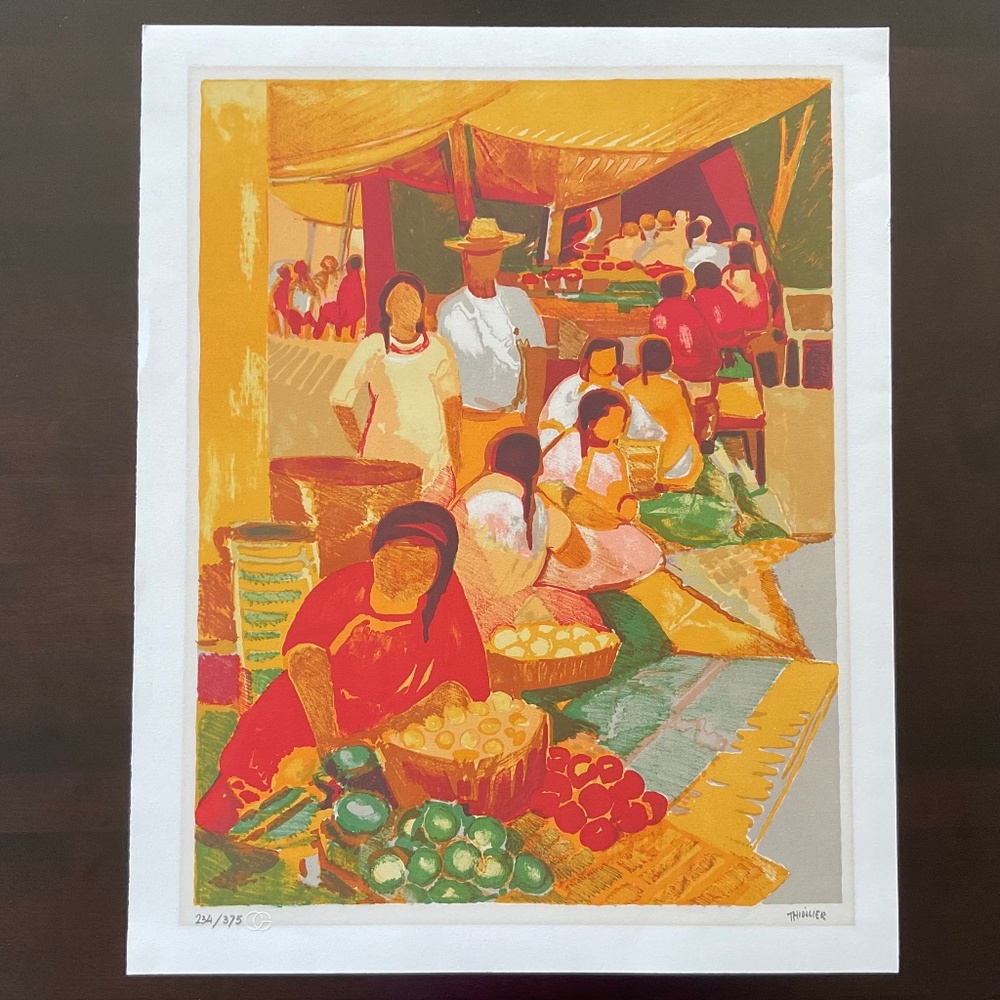 Original lithograph of Peruvian mercado by Eliane Thiollier, Circa 1965-75